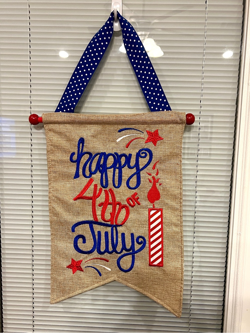 Happy 4th of July Burlap Banner - Red, White & Blue